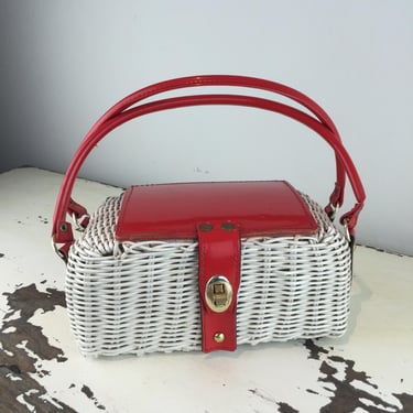 All Boxed Up - Vintage 1950s 1960s White Red Spectator Vinyl Wicker Box Handbag Purse 