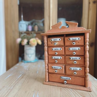 Beautiful antique  German spices cabinet with porcelain knobs in salmon, orange color- SC1 