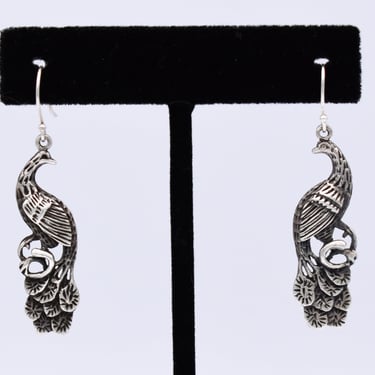 70's oxidized 925 silver peacock bohemian dangles, ornate sterling abstract bird hippie earrings 