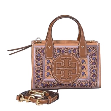 Tory Burch - Tan & Purple Floral Printed Mini Tote w/ Crossbody Strap