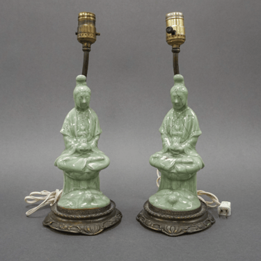 Vintage Celadon Glazed Figure Lamp Pair