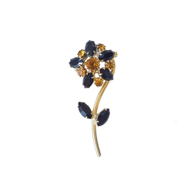 Vintage Black and Amber Rhinestone Flower Pin 