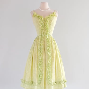 Vintage 1950's Key Lime Green Gingham Cotton Dress / XS