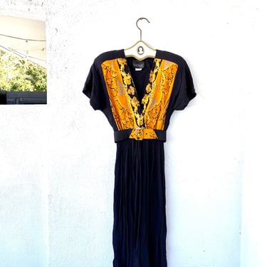 Vintage 80s Baroque Gauze Dress Black with Strong Shoulders and Matching Belt 