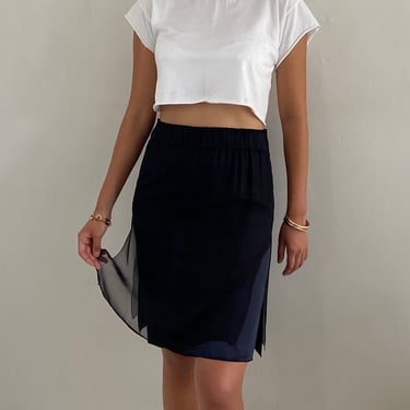 90s silk skirt / vintage black sheer pure silk chiffon overlay silk charmeuse elastic waist silk minimalist knee skirt | S M 