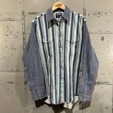 XL 90s Wrangler Brushpopper Western Shirt Button Up Long Sleeve Mens Blue white  Printed Funky Crazy Striped 