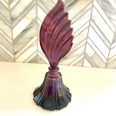 Vintage Amethyst Glass Perfume Bottle, Art Deco, Hand Made in the Czech Republic, Feather Fan Stopper, Purple Bohemian Glassware 