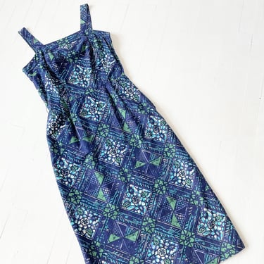 1950s Blue Batik Print Wiggle Dress 