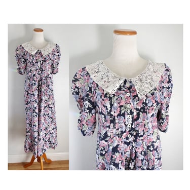 Vintage Laura Ashley Dress - Floral Print with Lace Collar - 80s Midi Cottagecore Dress - Size Medium 