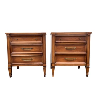 Set of 2 Vintage Wood Nightstands with 3 Drawers by White Furniture FREE SHIPPING - 1960s French Country End Tables Pair Fruitwood & Brass 