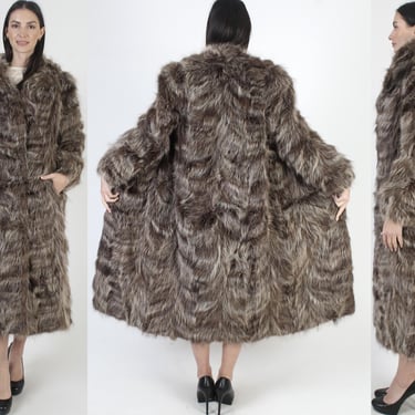 80s Shaggy Raccoon Fur Jacket, Plush Brown Shawl Collar, Full Length Heavyweight, Warm Winter Coat 