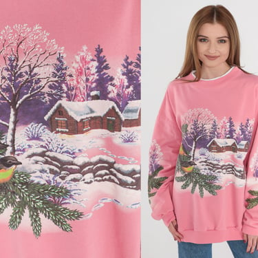 Winter Bird Sweatshirt 90s Pink Sweatshirt Snowy Forest Cabin Graphic Shirt Grandma Sweater Pullover Layered Crewneck Vintage 1990s 2xl xxl 