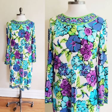 60s Psychedelic Floral Print Long Sleeved Dress Signed Mr Dino Italian Designer/Neon Flowers Multicolored Bold Print Jersey Knit Dress L 