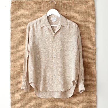 vintage 90s silk blouse, beige zig zag print shirt, size m 
