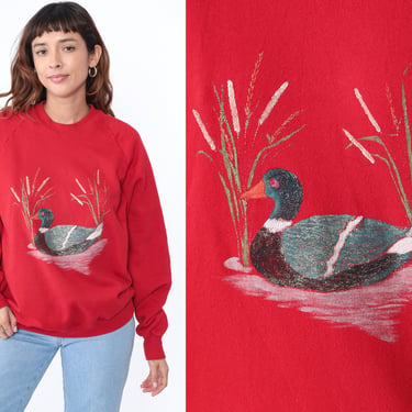 Painted Duck Sweatshirt Metallic Jerzees Sweatshirt 90s Animal Sweatshirt 1990s Vintage Red Slouchy Graphic Raglan Sleeve Sparkly Large 