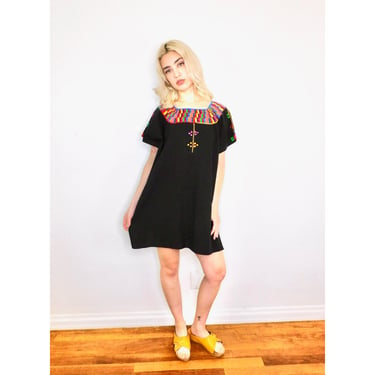 Hand Embroidered Rainbow Mini Dress // vintage sun tunic black 70s boho hippie cotton hippy 1970s 70's // O/S 