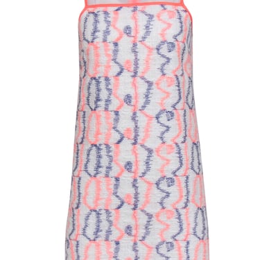 Milly - Neon Pink, Navy & White Embroidered Dress w/ Illusion Neckline Sz 2
