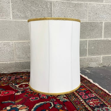 Vintage Lamp shade Retro 1960s Mid Century Modern + White Fabric + Gold Trim + Barrel Shaped + Mood Lighting + MCM + Home and Table Decor 