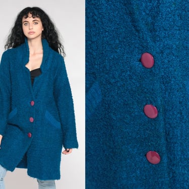 80s Long Cardigan Sweater Vintage Nubby Blue Sweater Button Up Mohair Acrylic Boho Vintage 1980s Retro Bohemian Plain Oversize Large L 