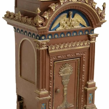 Antique Religious Polychrome Gilt Wood Cast Iron Tabernacle Cabinet 