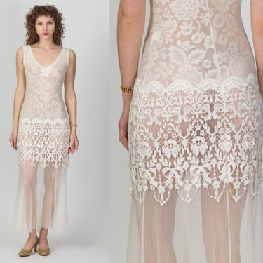 90s Does 20s Claire Pettibone Sheer Drop Waist Maxi Dress - Medium | Vintage Boho Floral Crochet Lace Sleeveless Bridal Negligee Nightgown 