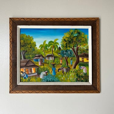 70's F. Abellard Tropical Haitian Village Landscape  Oil Painting, Framed 