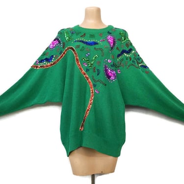 VINTAGE 80s Green Embellished Batwing Sweater by Diana Marco Size 22 | 1980s Sequin and Beaded Mardi Gras Sweater | Plus Size Volup | VFG 