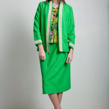 neon green skirt suit 3-piece set vintage 70s white trim open front jacket abstract print blouse MEDIUM M 