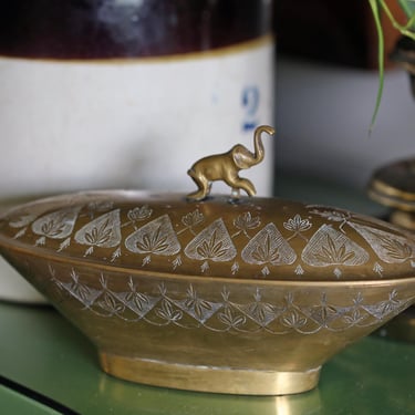 Vintage Engraved Brass Trinket Box with Elephant Finial – Etched Boho Keepsake – 11” Long 