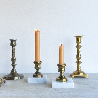 Vintage Brass + Marble Candleholders Set of Two Candlestick Holder Pair Candle Holder Candle Taper Tabletop Mantle 
