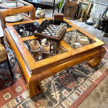 Vintage 1970s burlwood chinoiserie style coffeetable with beveled smoked glass inserts approx 40x40x14 for pick up only