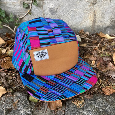 Blue and Purple Patchwork Print Handmade 5 Panel Camp Hat, Baseball Cap, Snapback Hat, Summer Striped Hat, Gift for her, Gift for them 