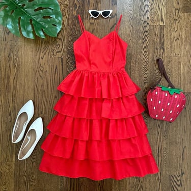 80s Red Ruffles Dress / 70s Cupcake Dress / Party Dress / Vintage Prom Dress / Size XXS 