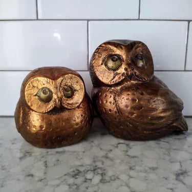 Vintage MCM Jaru California Gold Plaster Owls Heavy Chalkware Plaster Home Décor Figurines 