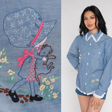 Embroidered Chambray Shirt 70s Flower Cat Little Girl Embroidery Button Up Blouse Eyelet Lace Hippie Boho Vintage Long Sleeve Blouse Small S 