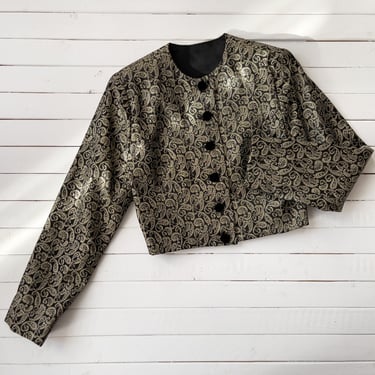 gold black jacket | 80s 90s vintage metallic paisley puff sleeve dark academia gothic tapestry cropped jacket 
