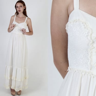 Ivory Lace Up Corset Maxi Dress / Renaissance Faire Style Clothing / Vintage 70s Prairie Wedding / Sheer Floral Solid Bridal Maxi Dress 