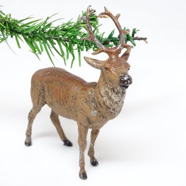 Antique German Metal Reindeer Hand Painted, Toy Lead Deer for Christmas Putz or Nativity 