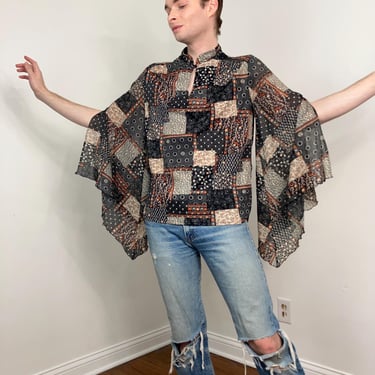 70s Patchwork print blouse with large scarf angel sleeves 