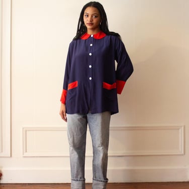 1940s Navy and Cherry Red Silk Smock 