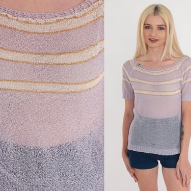Sparkly Purple Sweater Top 70s Metallic Knit Shirt Sheer Gold Striped Blouse Retro Sparkly Festival Hippie Lavender Vintage 1970s Small S 