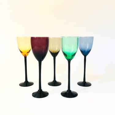 Mid Century Colorful Black Stem Cordial Glasses - Set of 5 