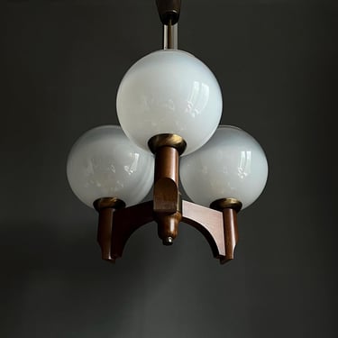 Brutalist Design Ceiling Lamp /  Mid Century Modern Chandelier / White Glass Globes & Wood / 70's Yugoslavia 