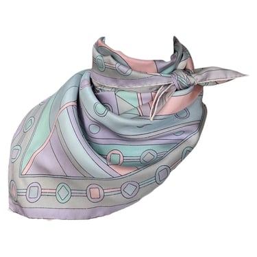 Pucci 60s Geometric Grey, Pale Pink, and Turquoise Printed Silk Square Scarf