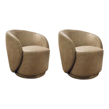 Modern Taupe Ultra Suede Swivel Chairs Pair