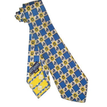 1930s Mens Tie ~ Horse Shoe Blue, Silver and Yellow Silk Tie by Harry Fitzgerald 
