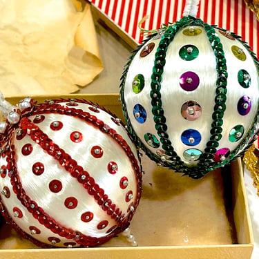 VINTAGE: 2 Satin Ball Push Pin Ornaments - Beaded Ornaments - Christmas Ornaments - SKU Tub-28-00034532 