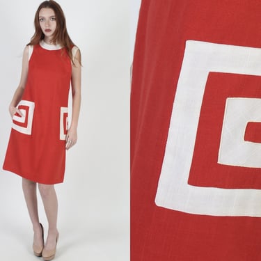 60s Mod Geometric Colorblock Dress, Op Art Scooter Go Go Dress, Traditional 1960s Red Shift With Pockets Mini Dress 