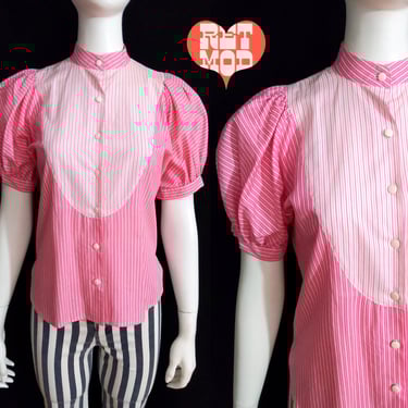 Cool Vintage 70s 80s Pastel Pink & White Stripe Short Sleeve Cotton Blouse 