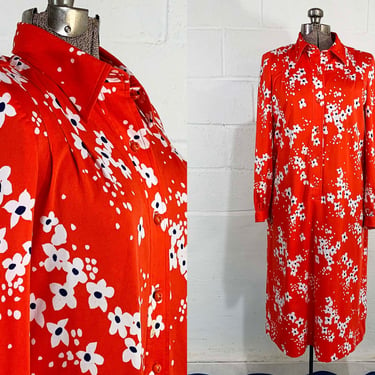 Vintage Red Floral Dress Long Sleeve Shirt Dress Button Front Shift Sleeves Mod Dopamine Dressing 1980s 1970s XL 